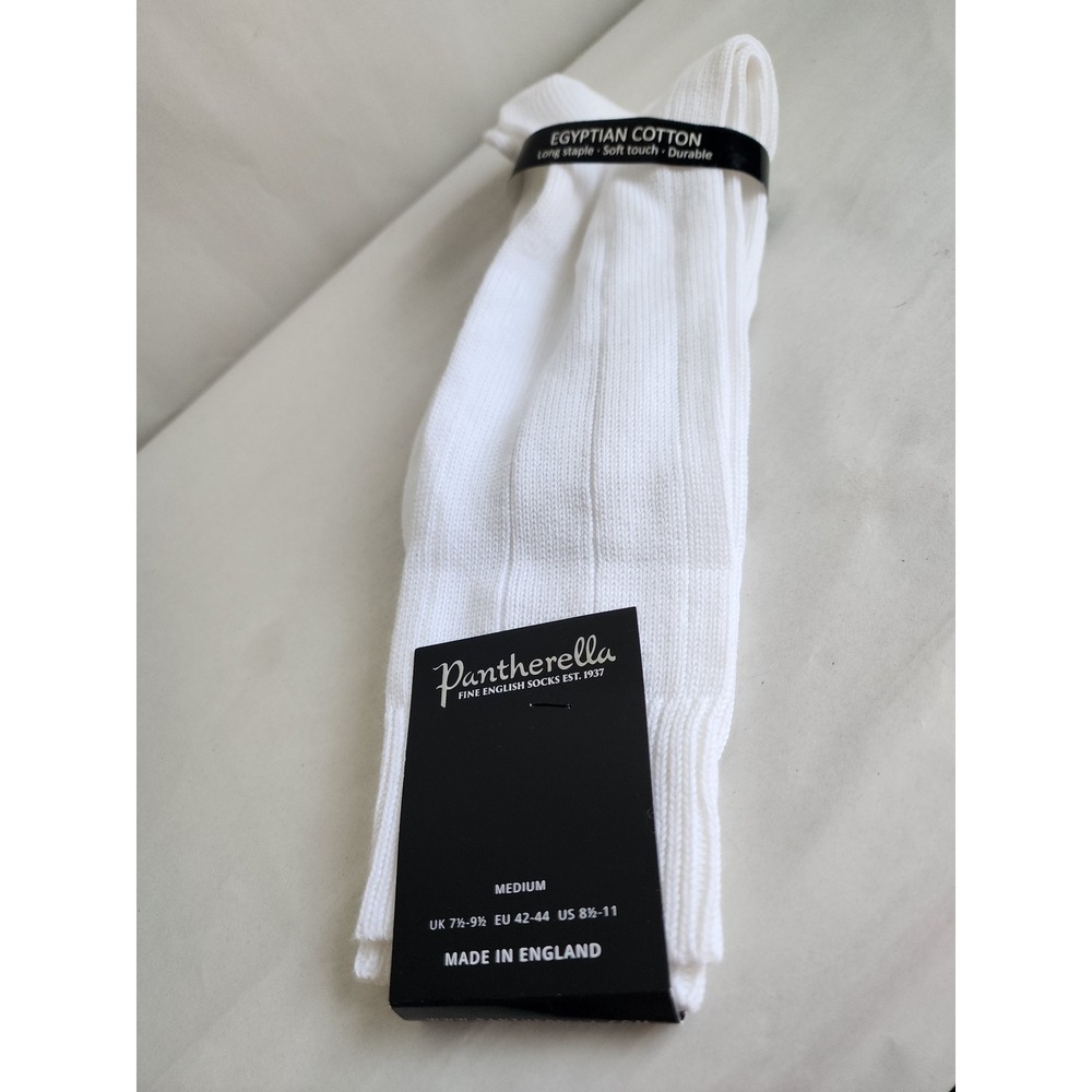 Pantherella White Egyptian Cotton Ribbed Socks Mens Medium Made in England NWT